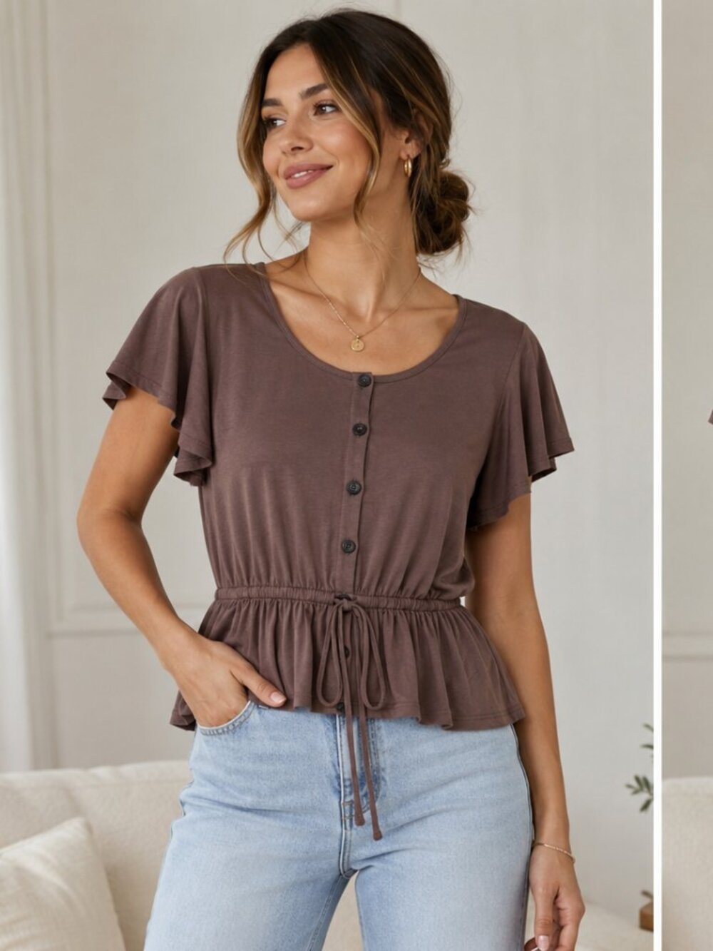 NWT Good Luck Gem Brown Peplum Tie Waist Flutter Sleeve Top Size S